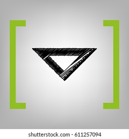 Ruler sign illustration. Vector. Black scribble icon in citron brackets on grayish background.