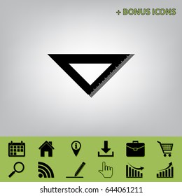 Ruler sign illustration. Vector. Black icon at gray background with bonus icons at celery ones