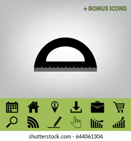 Ruler sign illustration. Vector. Black icon at gray background with bonus icons