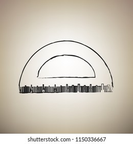 Ruler sign illustration. Vector. Brush drawed black icon at light brown background.