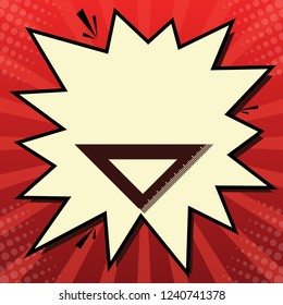 Ruler sign illustration. Vector. Dark red icon in lemon chiffon shutter bubble at red popart background with rays.