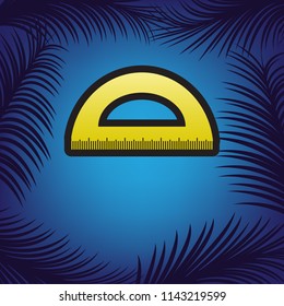 Ruler sign illustration. Vector. Golden icon with black contour at blue background with branches of palm trees.