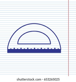 Ruler sign illustration. Vector. Navy line icon on notebook paper as background with red line for field.