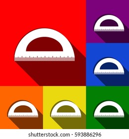 Ruler sign illustration. Vector. Set of icons with flat shadows at red, orange, yellow, green, blue and violet background.