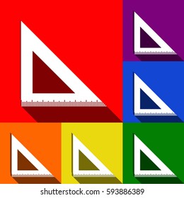 Ruler sign illustration. Vector. Set of icons with flat shadows at red, orange, yellow, green, blue and violet background.