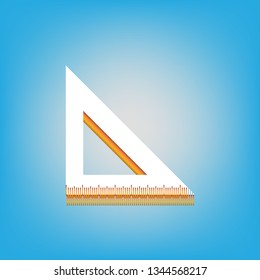Ruler sign illustration. Vector. White icon with 3d warm-colored gradient body at sky blue background.