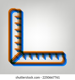 Ruler sign. Stroked Icon in orange, azure and old lavender Colors at gray Background. Illustration.