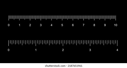 Ruler tape set with vertical white line divisions and numbers to measure length vector illustration. Simple school tool 4 inches and 10 centimeters long, objects for math lesson on black background.