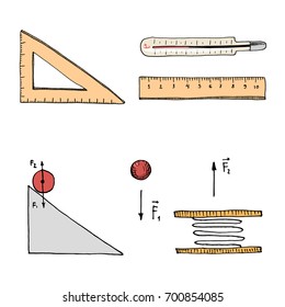 Ruler and thermometer, circuit and graph. engraved hand drawn in old sketch and vintage symbols. calculations physics Back to School Elements of Science and laboratory experiments.