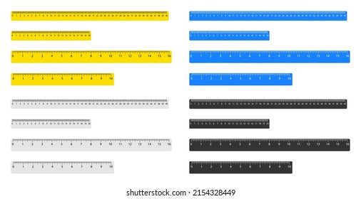 Ruler tools with scale for measure of centimeter and inch lengths. Rulers with numbers for education and geometry. Vector. Illustration of instrument of line measurement for school.