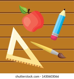 ruler triangle apple pencil brush wooden background regreso a clases vector illustration