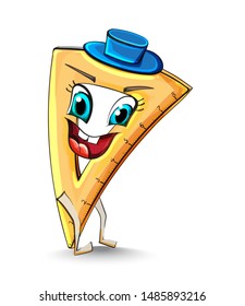 Ruler triangle funny character smiling Vector. School supplies item illustration watercolor style