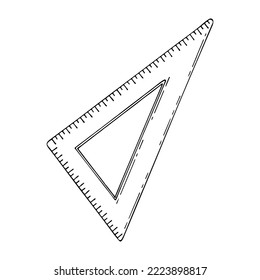 Ruler triangle line art. Measuring instrument, angle. Hand drawn vector doodle illustration.