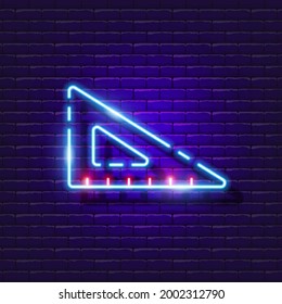 Ruler triangle neon sign. Glowing measurement tool icon. Vector illustration for design. School concept.