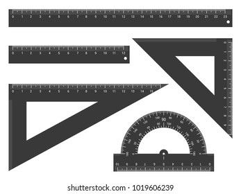 Ruler, triangle ruler and protractor isolades on white background. Ruler instruments and school equipment. Vector illustration