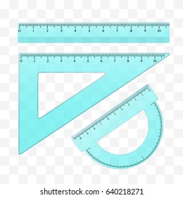 Ruler, triangle, protractor. Measuring tool.  Vector school instruments in realistic transparent style.