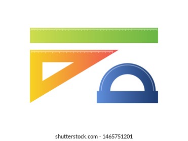 Ruler, Triangle Ruler, Protractor for School and Business. Vector Illustration.