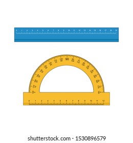 Ruler, Triangle Ruler, Protractor for School and Business. Vector Illustration.