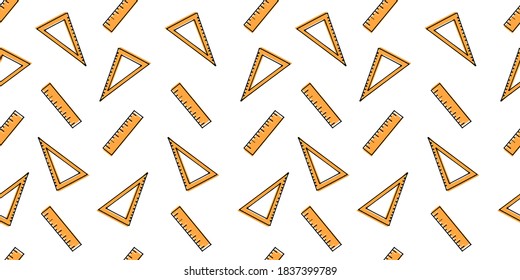 ruler and triangle ruler vector illustration. seamless pattern with thin black outline isolated on white background. hand drawn vector. doodle stationery for cover, backdrop, wrapping paper and gift. 