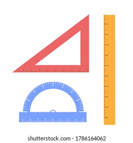 ruler, triangular ruler and protractor on the white background