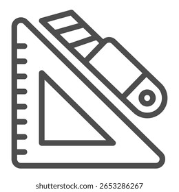 Ruler with utility knife line icon, sewing theme concept. Vector graphics. Triangle ruler and cutting tool, stationery sign on white background, outline style icon for mobile or web design