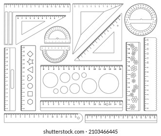 Ilustración vectorial de regla sobre fondo blanco. Protractor de iconos del juego de contorno del vector del triángulo. Regla de icono de conjunto de esquema aislado.