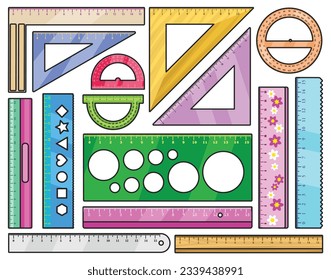 Ilustración vectorial de regla sobre fondo blanco. Protractor de iconos del juego de colores del vector del triángulo. Regla de iconos de conjunto de colores aislados .