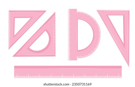 Ruler vector set in pink. Triangular ruler, protractor, straight ruler. Stationery. Back to school vector. School supplies concept. Education objects. Flat vector in cartoon style.