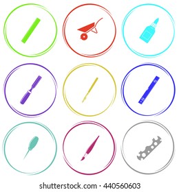 ruler, wheelbarrow, glue bottle, chisel, ruling pen, spirit level, awl, brush, cycle spanner. Angularly set. Internet button. Vector icons.