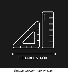 Ruler white linear icon for dark theme. Device for geometry class. Tool for drawing straight lines. Thin line customizable illustration. Isolated vector contour symbol for night mode. Editable stroke