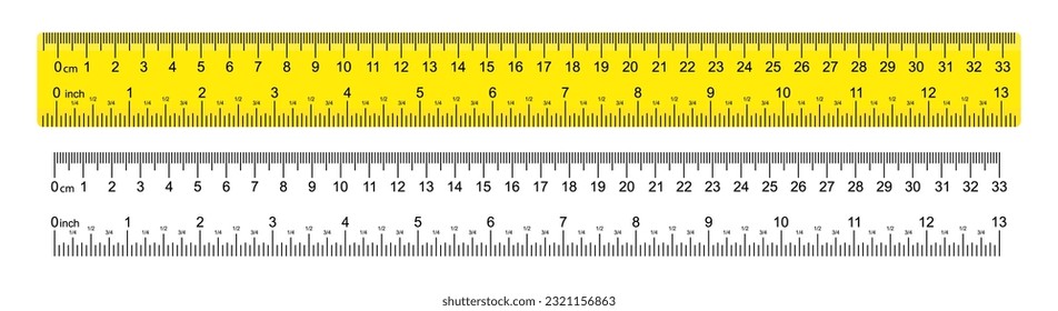 La regla es amarilla, marcada en centímetros, pulgadas y formas rectangulares combinadas. Línea de graduación de pulgada. Gráficos vectoriales.