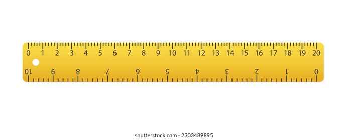 Gobernantes de 20 centímetros aislados en blanco. Herramienta de medición. Suministros escolares. Regla aislada de amarillo plástico con doble cara que mide pulgadas y centímetros. Ilustración del vector