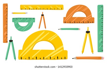 Rulers of different colors, protractor and compass. Symbols of mathematics and exact sciences. Pattern for your design. Bright illustration. Vector cartoon flat illustration for background.