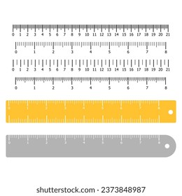 Rulers Inch and metric rulers. Measuring tool. Centimeters and inches measuring scale cm metrics indicator. Scale for a ruler in inches and centimeters. Measuring scales