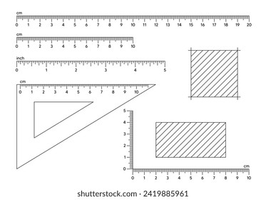 Rulers inch and metric rulers. Measuring tool. Centimeters and inches measuring cm metrics indicator. Triangle ruler, square meter area. Measure distance tool in centimeters. Vector illustration