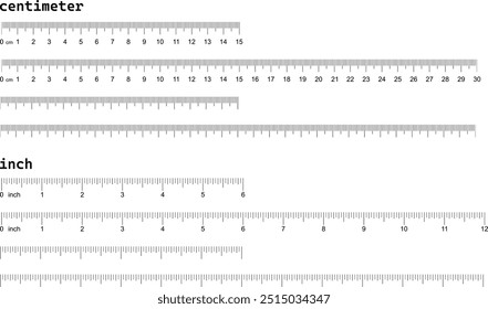 Conjunto de polegadas e réguas de métrica. Modelos de ferramenta de medição. Indicador de escala de medição em branco. Escala para uma régua em polegadas e centímetros. Ícones de medidas de escala. conjunto de interfaces da régua. grupo de réguas linear