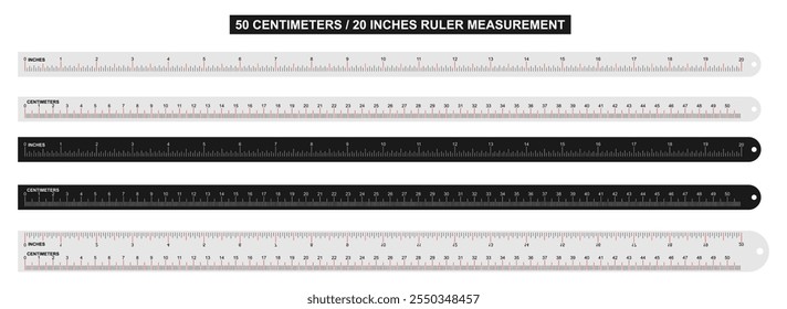 As réguas escalam em centímetros centímetros e centímetros ajustados. Régua de medida de 50 centímetros e 20 polegadas. ilustração vetorial isolada no fundo branco.