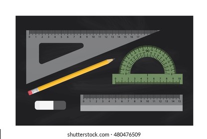 Rulers set on chalkboard background