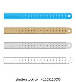 Rulers set in realistic style. Plastic, metal and wooden rulers. Measure tools equipment isolated on white background. Measurement in CM. Vector illustration EPS 10.