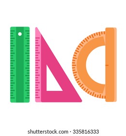 rulers set with ruler, triangle, protractor flat color vector icons illustration 
