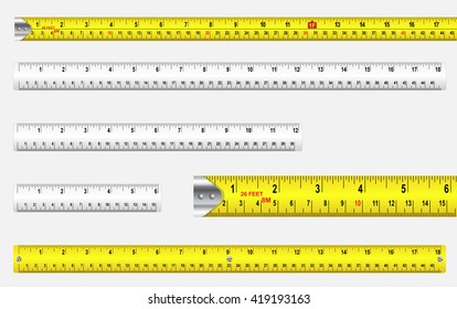 Rulers and tape measures with metric and imperial markings vector.