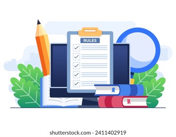 Rules and agreement flat illustration concept, Business rules, Regulation, Compliance, Corporate law and business ethics, Company policy concept for web design, infographic, landing page, social media