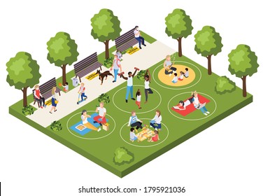 Rules of behavior for people walking and relaxing in city park during pandemic isometric composition vector illustration 