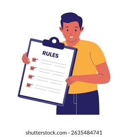 Ilustração da lista de verificação de regras com Man Holding Clipboard. Ilustrações para sites, landing pages, aplicativos móveis, cartazes e banners
