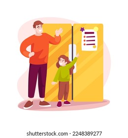 Rules checklist isolated cartoon vector illustration. Household rules for kids, checklist hanging on the fridge, child reading pointing finger, family members relationship vector cartoon.