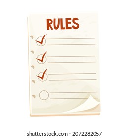 Rules checklist, paper reminder in cartoon style isolated on white background. Memo, basis resolution. Page with red marks.