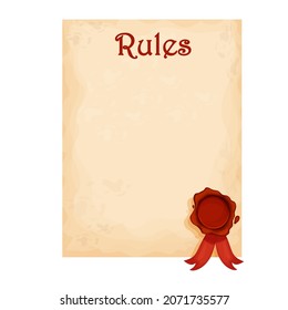 Rules checklist, parchment paper reminder with wax seal in cartoon style isolated on white background. Memo, basis resolution. Page with red marks.
