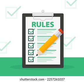 Rules, Checklist with requirements. Principles and strategy. Vector illustration.