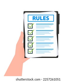 Rules, Checklist with requirements. Principles and strategy. Vector illustration.