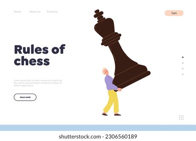 Rules of chess landing page design template with tiny man character figure holding huge king